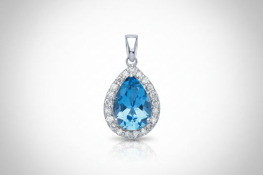 9ct White Gold 0.20ct Diamond 2.50ct Blue Topaz Pear Shape Pendant