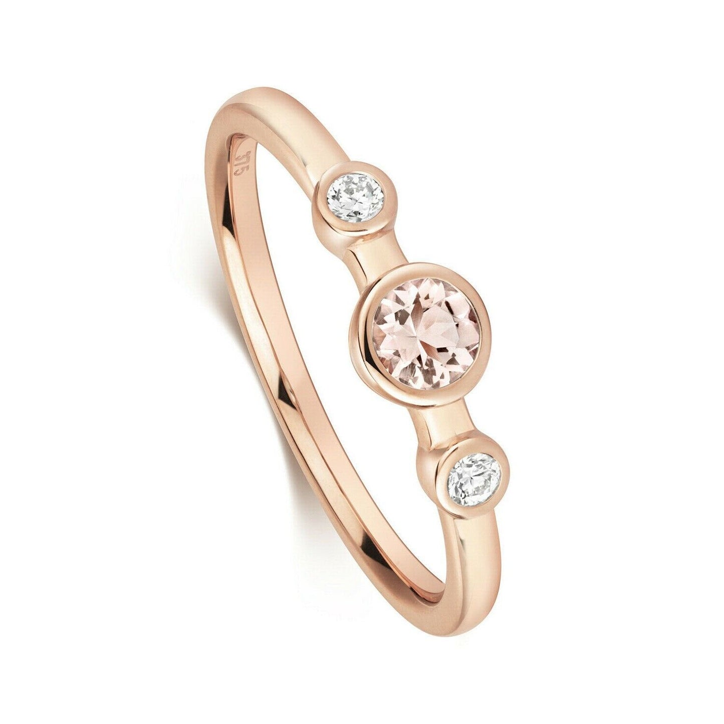 Real Morganite and Diamond Ring Solid Rose Gold Three Stone Solitaire Size J-Q