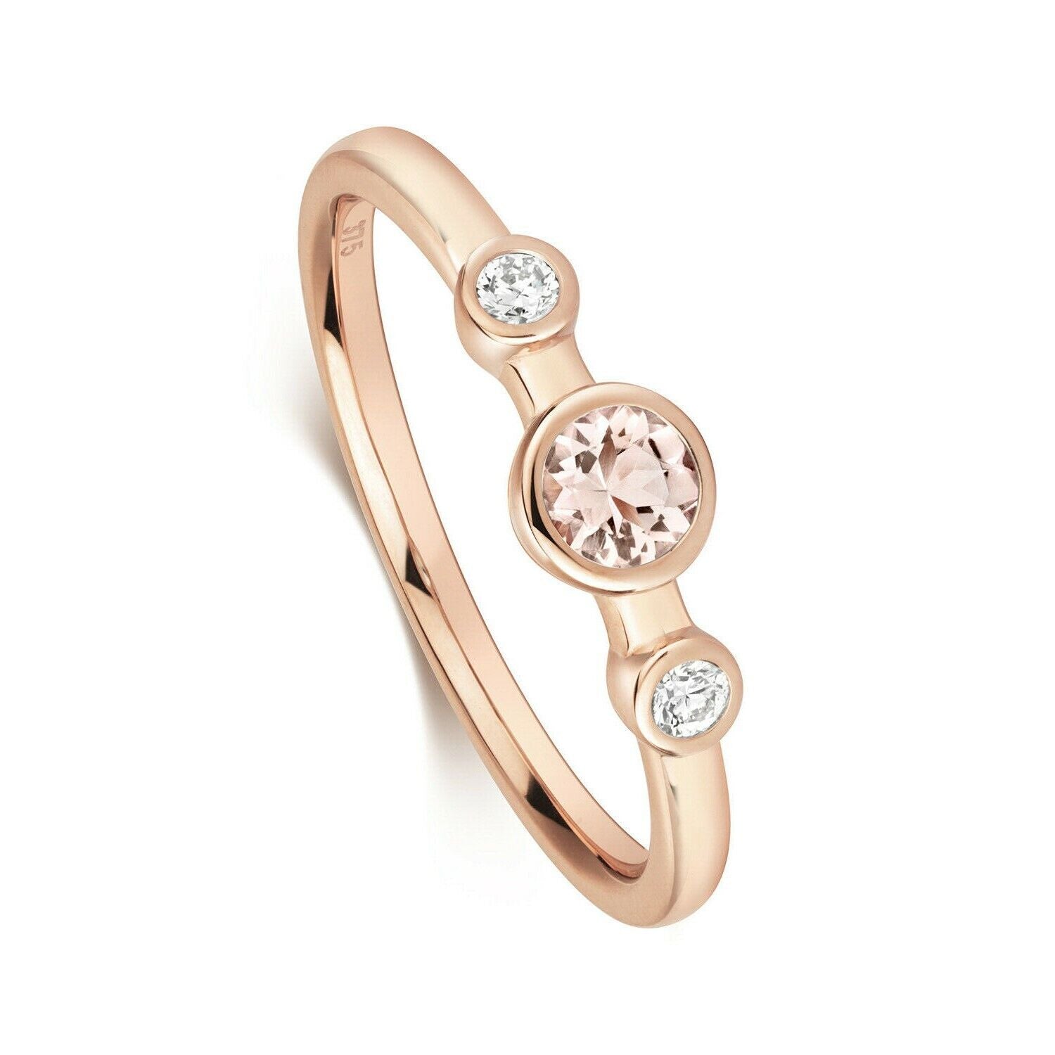 Real Morganite and Diamond Ring Solid Rose Gold Three Stone Solitaire Size J-Q