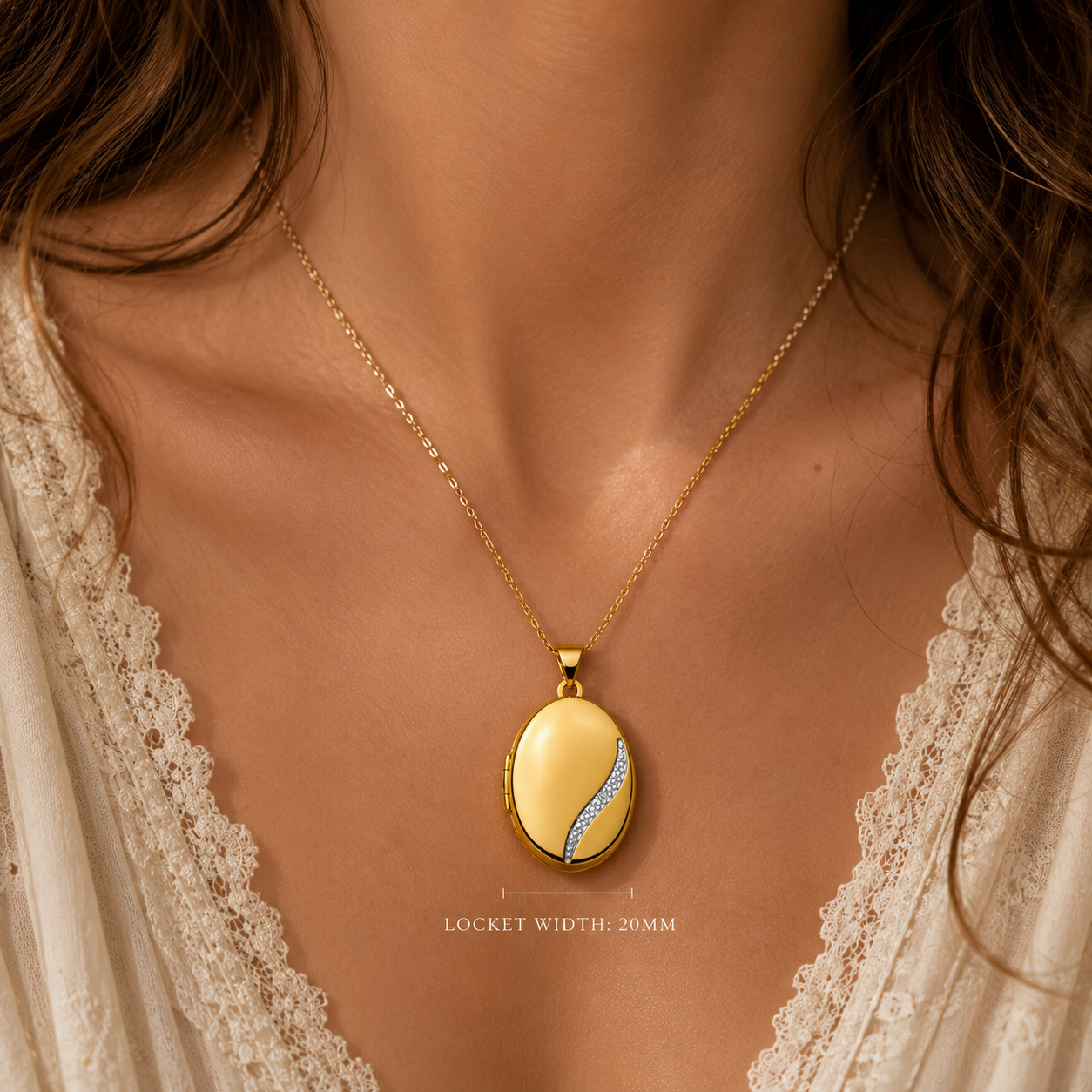 Elegant Gold Oval Locket Pendant with Natural Diamond on Solid Silver 18" Chain