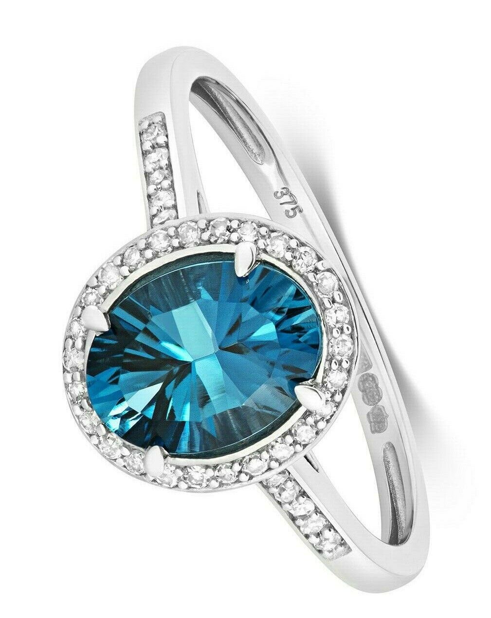 Real London Blue Topaz and Diamond Ring Solid White Gold Oval Gem Size JKLMNOPQ