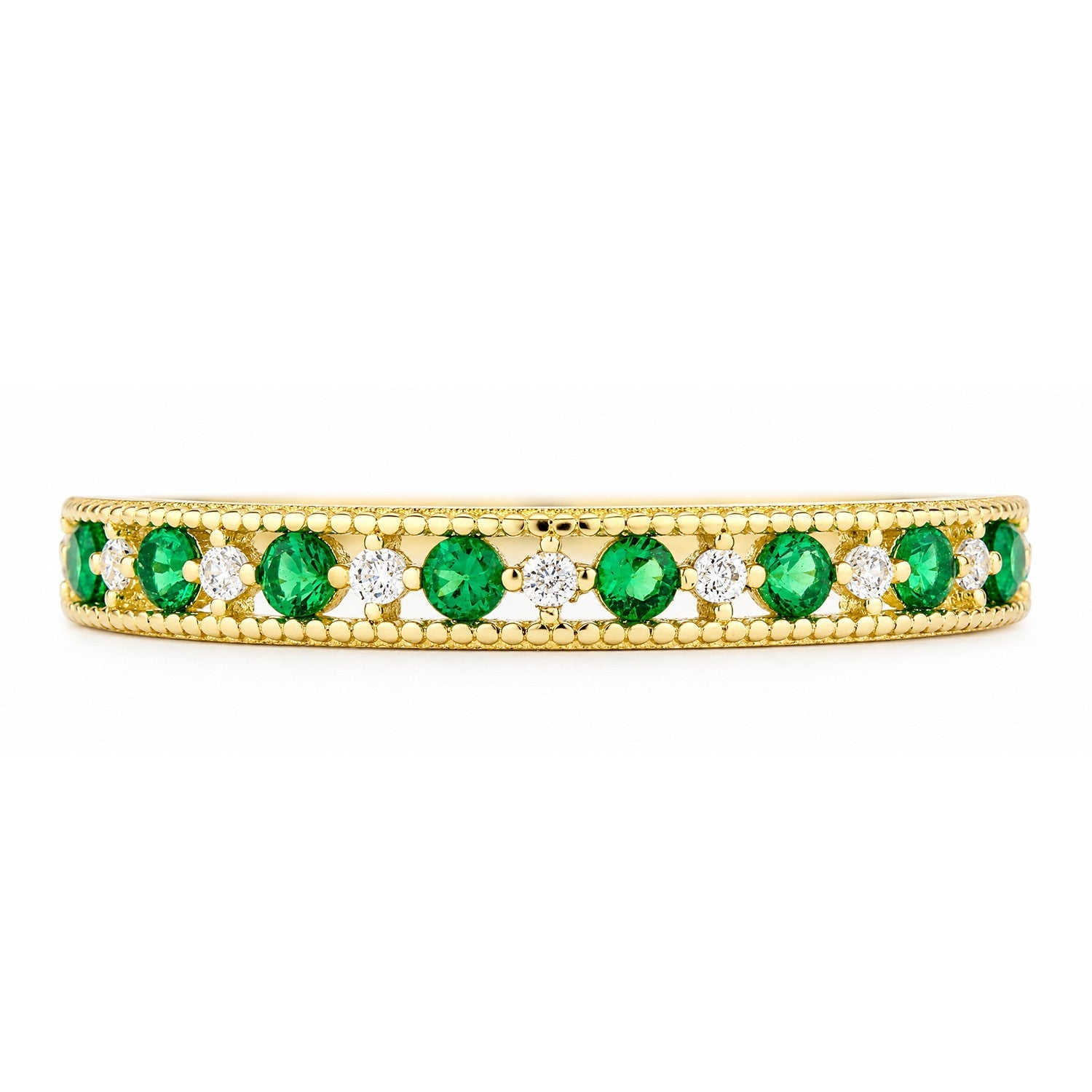 9ct Yellow Gold Emerald Eternity Anniversary Ring Millgrain Heart Edge Hallmark