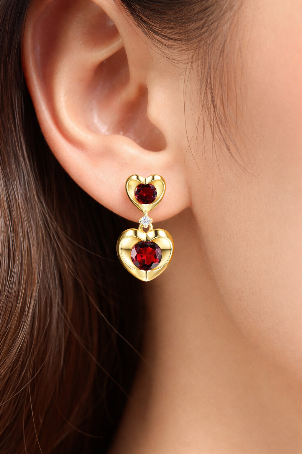 Garnet and Diamond Heart Earrings Solid 9ct Yellow Gold Drop Hallmarked