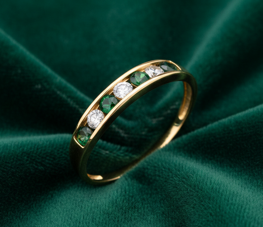 18ct Gold Emerald Eternity Ring Channel Set on Solid Silver 925 Size K-S