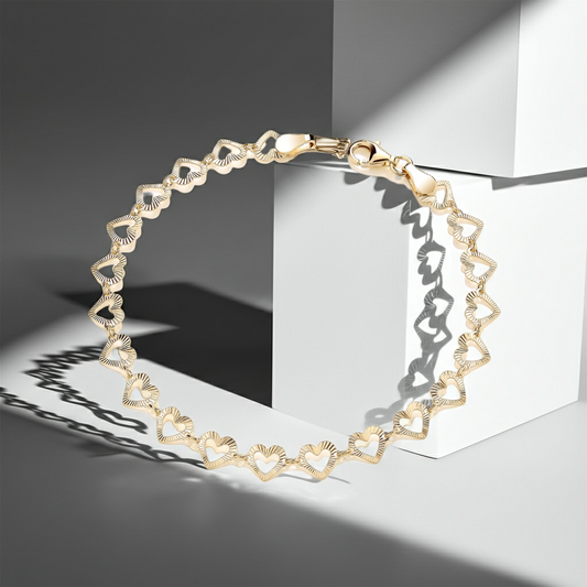 Open Heart Ladies Bracelet 18ct Gold on Solid Sterling Silver 925 Hallmark 7.5"