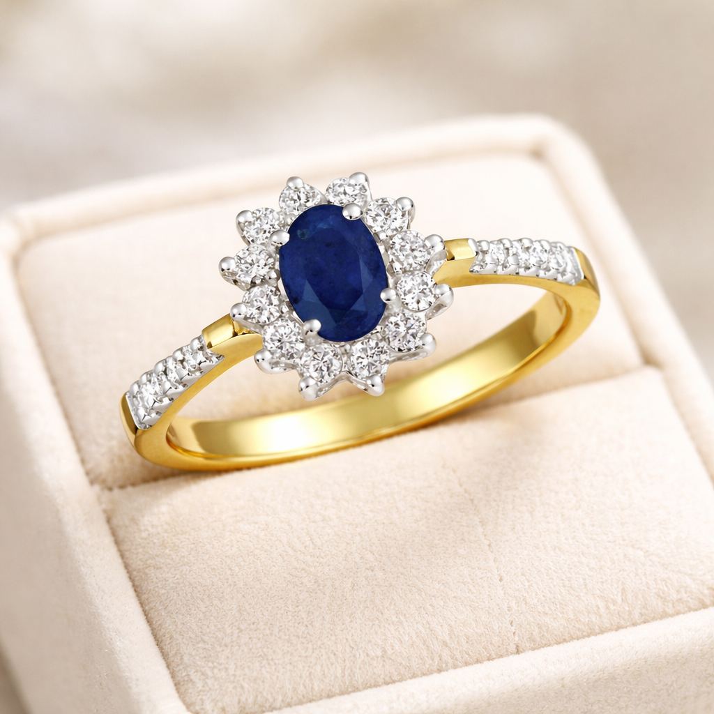 Real Sapphire and Diamond Ring 9ct yellow Gold Oval Cluster Engagement Size J-Q