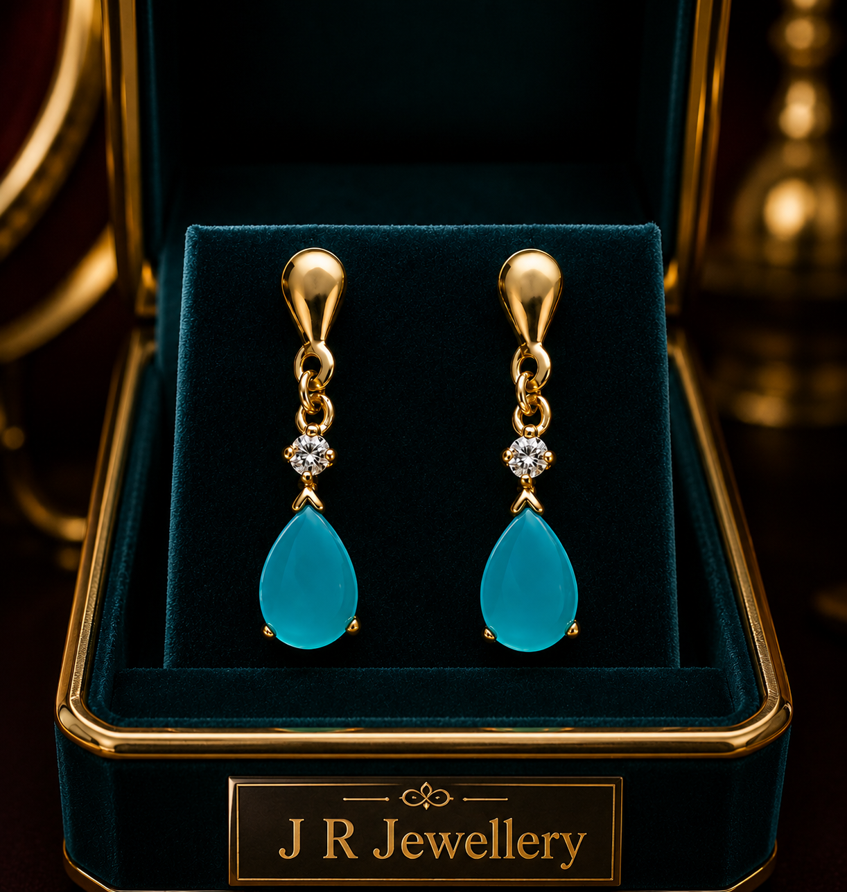 9ct Gold Genuine Turquoise Teardrop Drop Earrings With Diamond 21mm Drop