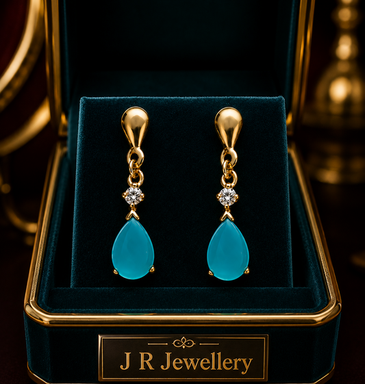 9ct Gold Genuine Turquoise Teardrop Drop Earrings With Diamond 21mm Drop