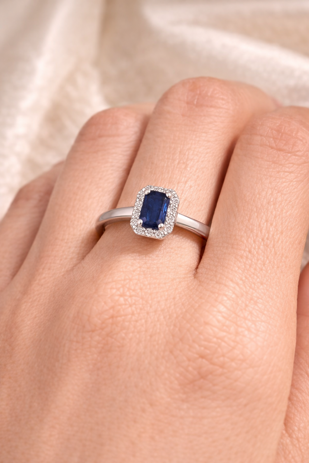 Sapphire and Diamond Ring 9ct White Gold Rectangular Cluster Size J - Q