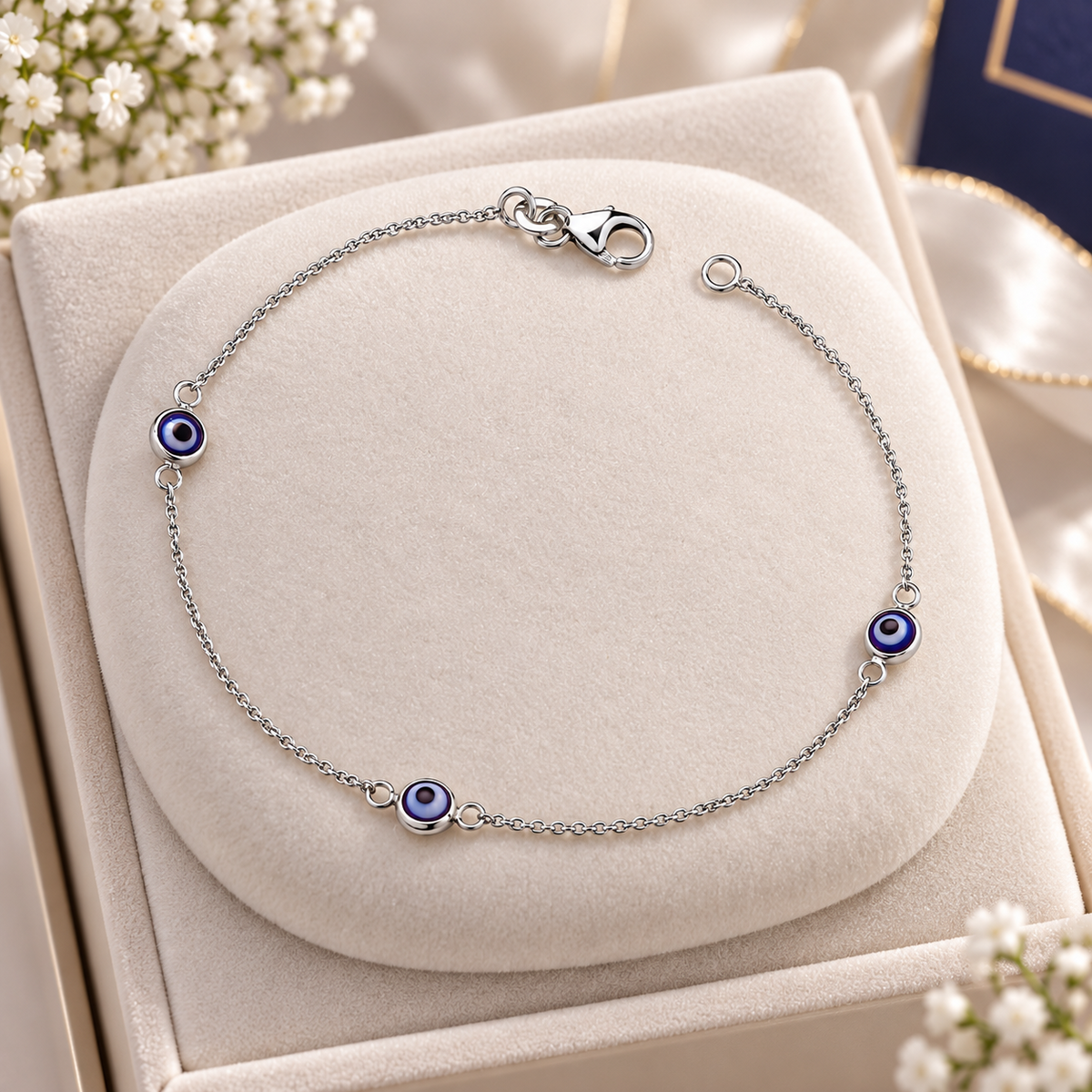 Sterling Silver Evil Eye Blue Enamel Chain Bracelet Lobster Clasp 925 Hallmark