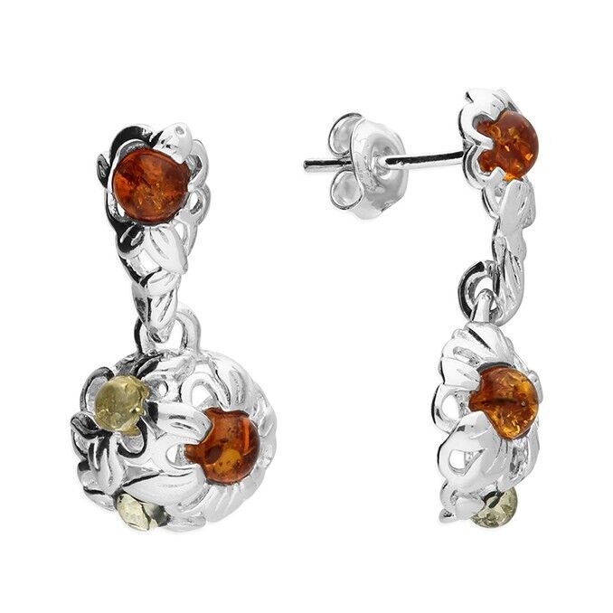 Mixed Amber Flower Dome Drop Earrings Solid Sterling Silver 925