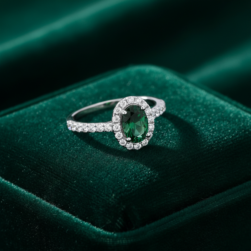Sterling Silver Emerald Ring Oval Halo Engagement 925 Hallmark Size K-S