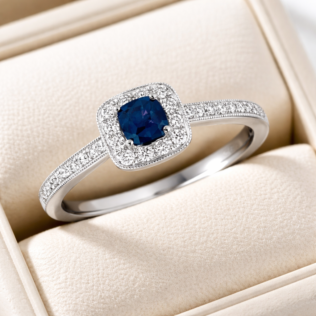 Sapphire and Diamond Ring 9ct White Gold Cushion Square Cluster Size J-Q