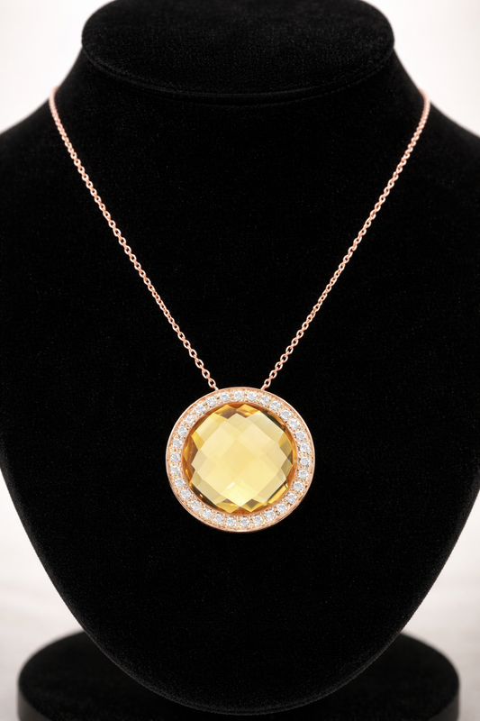Natural Citrine Pendant With Diamonds 9ct Rose Gold 16" 41cm Length Chain