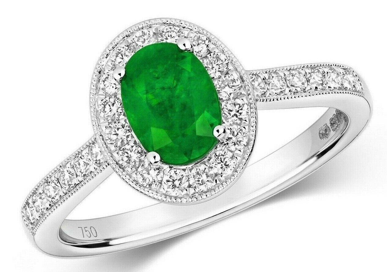 Real Emerald and Diamond Oval Ring 18ct White Gold Halo Cluster