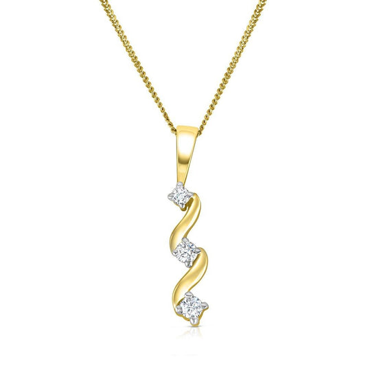 9ct Yellow Gold 0.15ct Diamond Trilogy Pendant 18" Chain Made in London