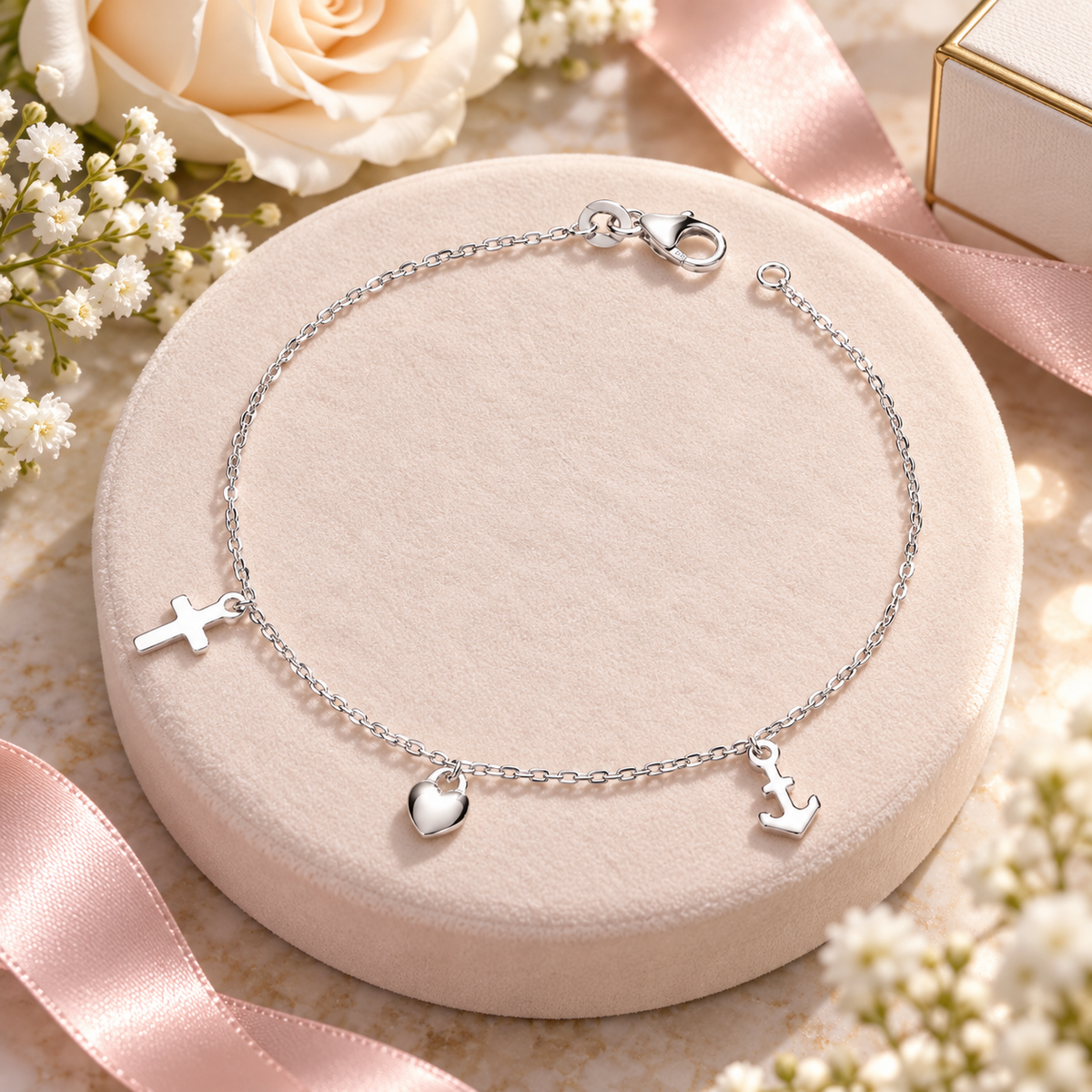 Elegant Sterling Silver Charm Bracelet with Heart, Cross & Anchor 925 Hallmark