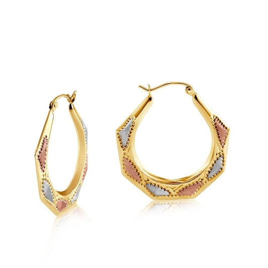 Three Colour Gold Octagonal Hoop Earrings 28mm Hallmarked Hoops