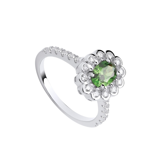 Sterling Silver Green Oval Zircon Halo Ring Size J - Q British Made 925 Hallmark
