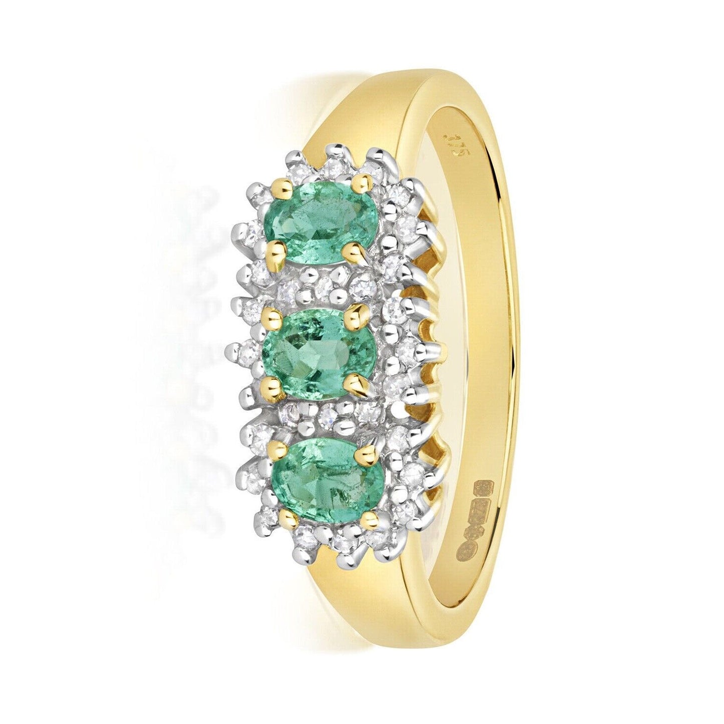 9ct Yellow Gold Real Emerald and Diamond Ring Three Stone Cluster Engagement