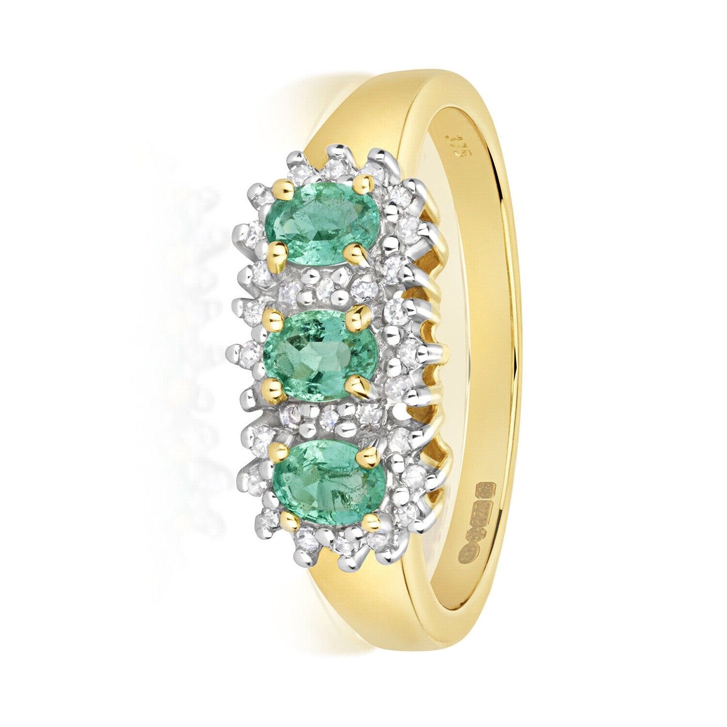 9ct Yellow Gold Real Emerald and Diamond Ring Three Stone Cluster Engagement