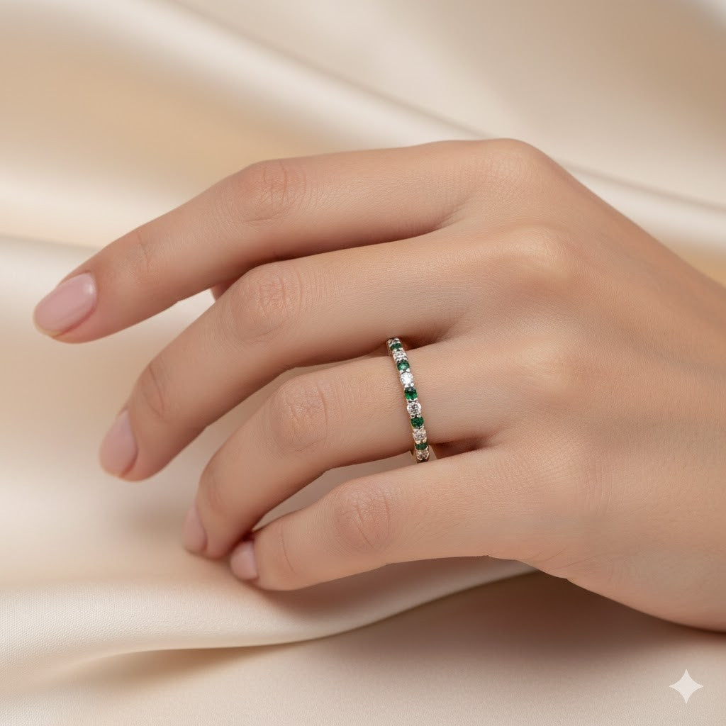18ct Gold Emerald Eternity Ring on Solid Sterling Silver 925 Hallmark