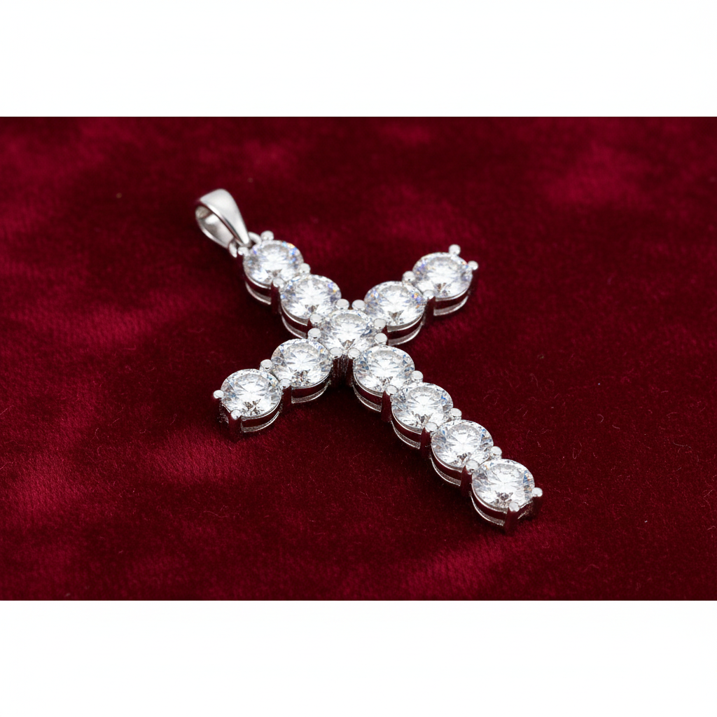 Sterling Silver Zircon Cross Pendant  925 Hallmark 44mm