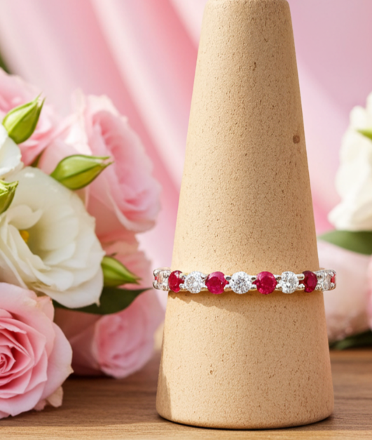 18ct Gold Ruby Full Eternity Ring on Solid Sterling Silver 925 Hallmarked