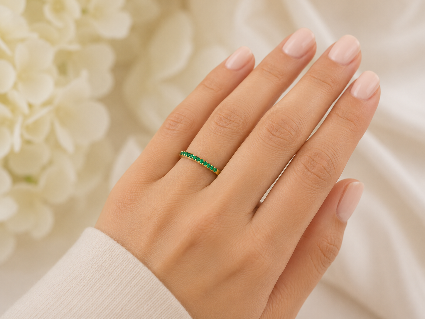 9K Yellow Gold Green Emerald Half Eternity Stackable Ring Sizes KLMNOPQRS