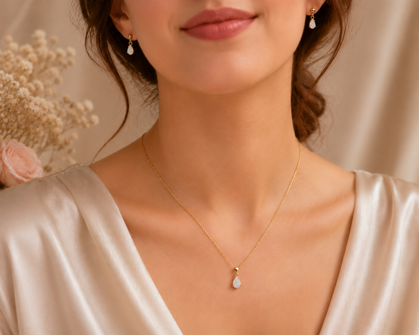 Elegant Opal Teardrop Jewellery Set in Yellow Gold – Pendant & Matching Earrings