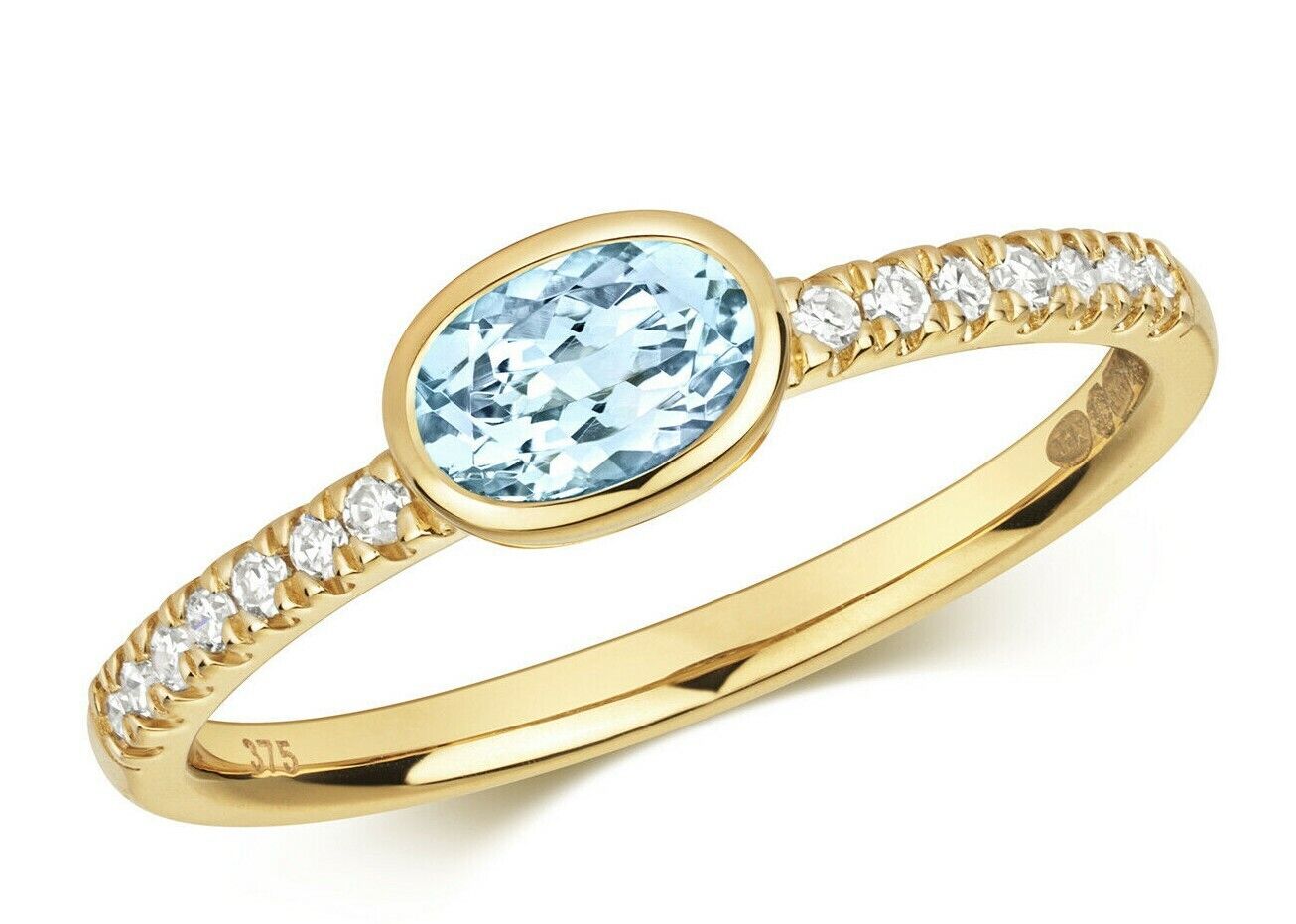 Real Aquamarine and Diamond Ring Solid Yellow Gold Oval Solitaire Size J - Q