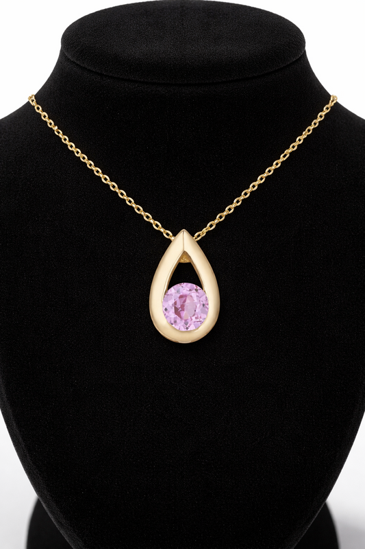 Pink Sapphire Teardrop Pendant Solid Yellow Gold 18" 46cm Length Chain
