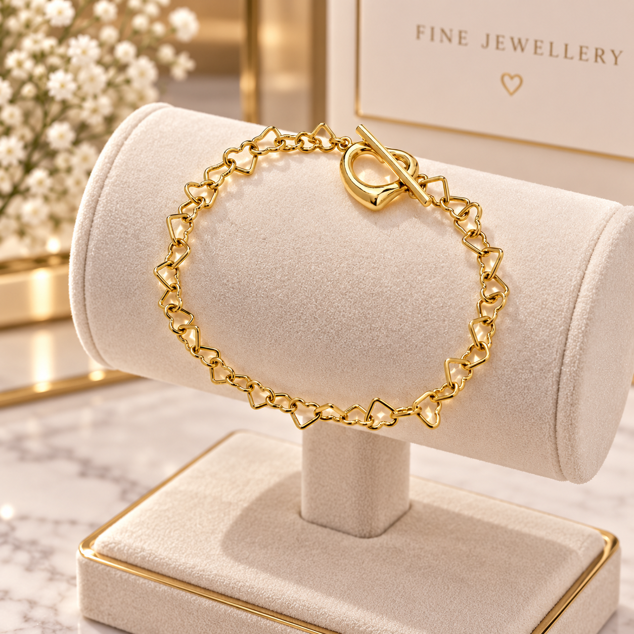 18ct Gold Heart Link Chain Bracelet Toggle Clasp on Sterling Silver 925 Hallmark