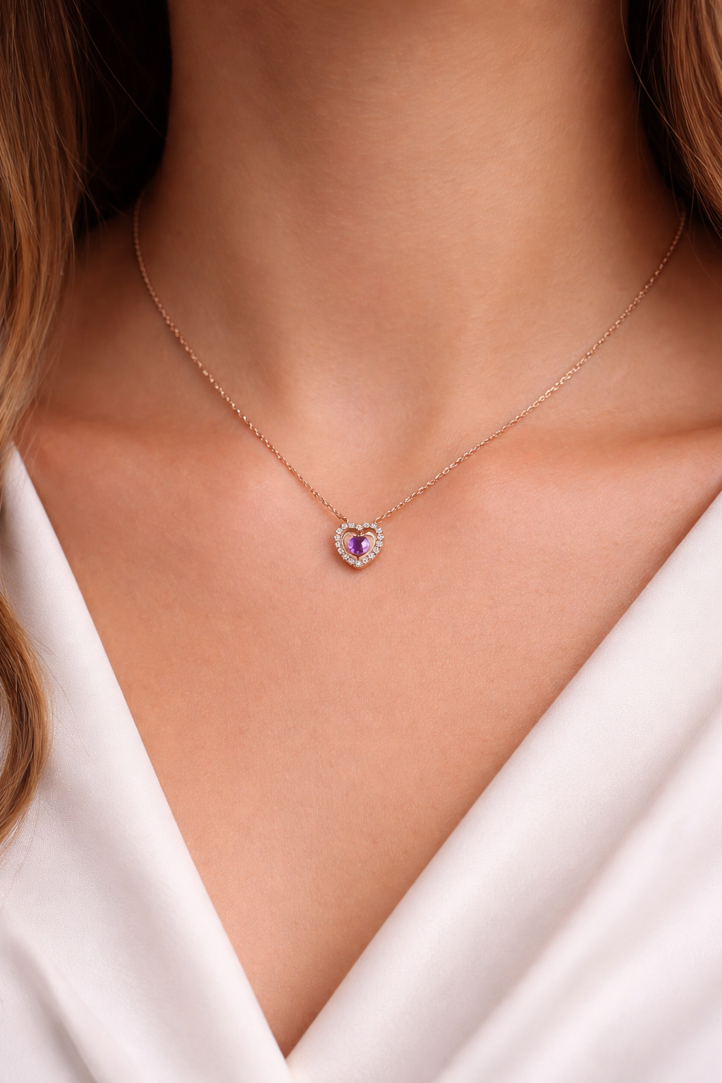 Amethyst Heart Necklace With Diamond Solid Rose Gold 18" 46cm Length Chain
