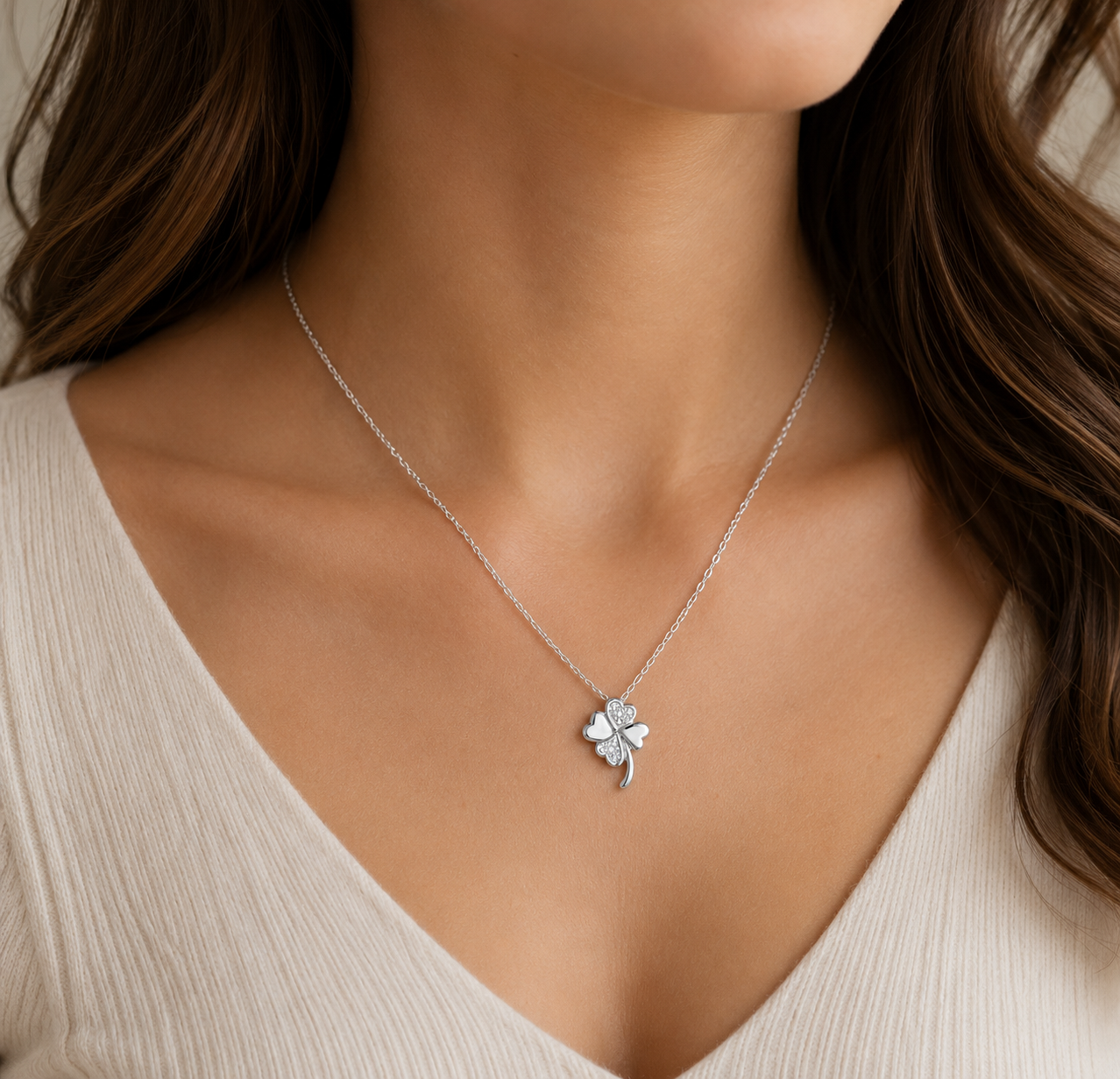 Four Leaf Clover Pendant Natural Diamond 9ct White Gold 18" Chain Hallmark