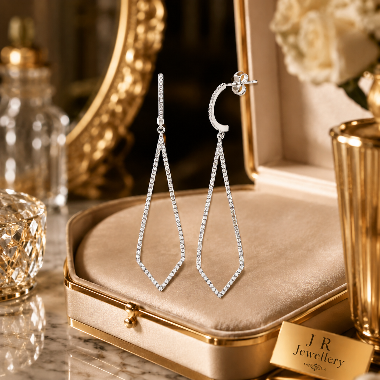 9ct White Gold Diamond Geometric Drop Dangle Earrings 54mm Wedding Bridal