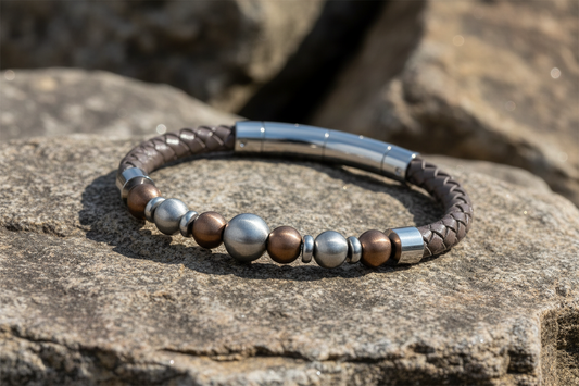 Fred Bennett Brown Leather Bracelet with Coffee Plated Stainless Steel Beads 9"