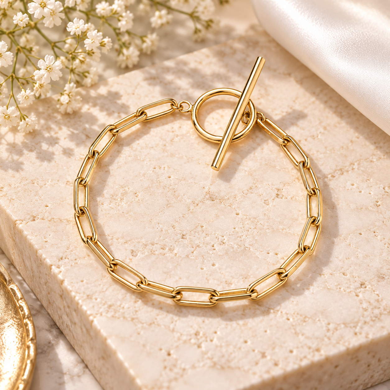 18ct Gold Paperclip Chain Toggle Clasp Bracelet on Sterling Silver 925 Hallmark