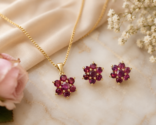 Natural Ruby Jewellery Set Yellow Gold Pendant Necklace & Stud Earrings
