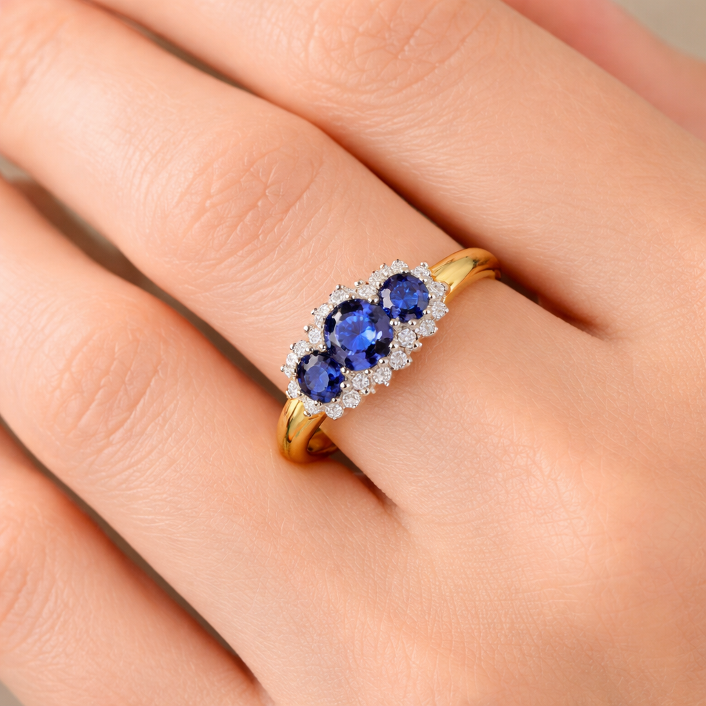 Sapphire and Diamond Trilogy Ring 9ct Yellow Gold Three Stone Engagement