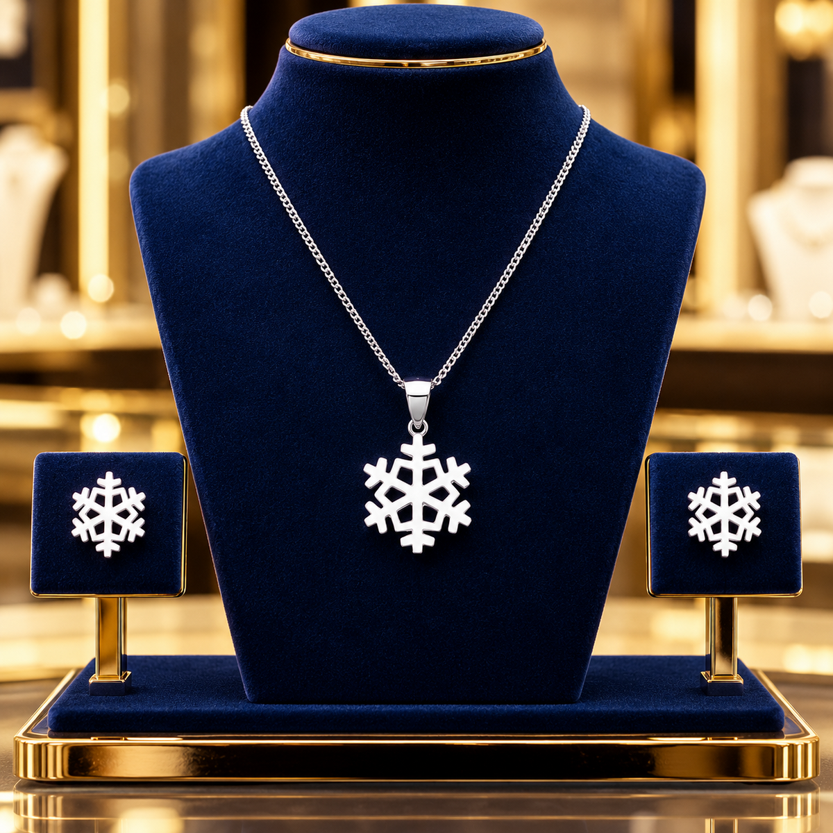Sterling Silver Snowflake Pendant Necklace and Matching Stud Earrings Set 18"