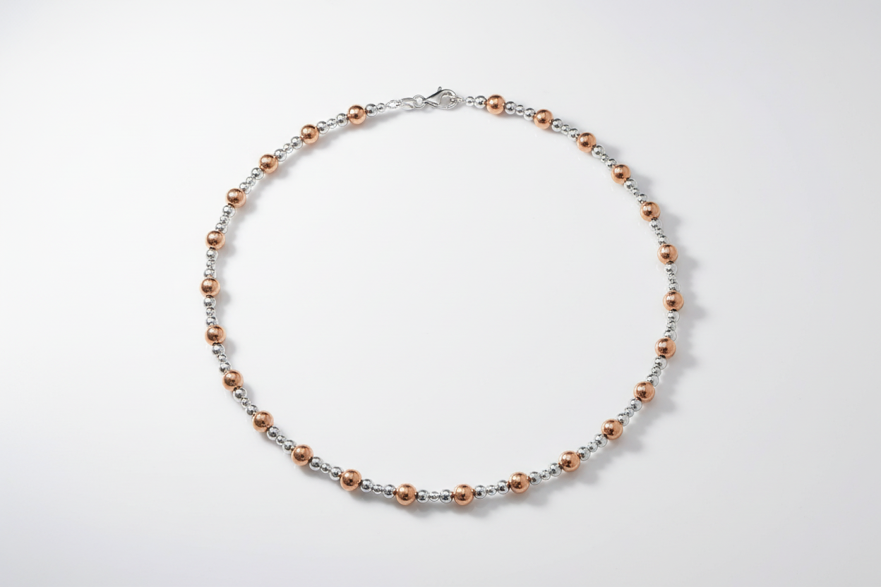 Silver Rose Gold Necklace 17" Length Ball Bead Chain Hallmarked British Made