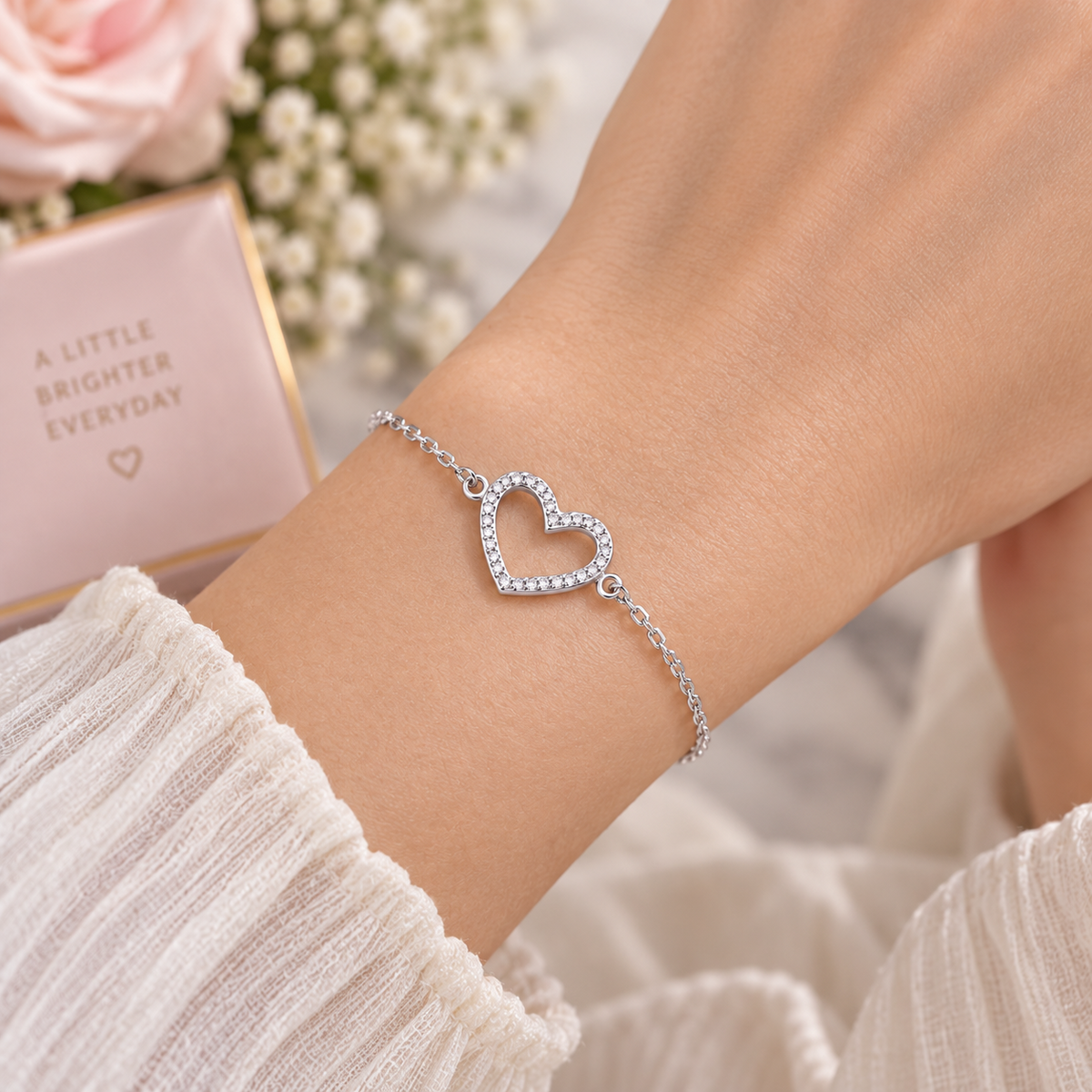 Sterling Silver  Open Heart Charm Chain Bracelet Adjustable Lobster Clasp