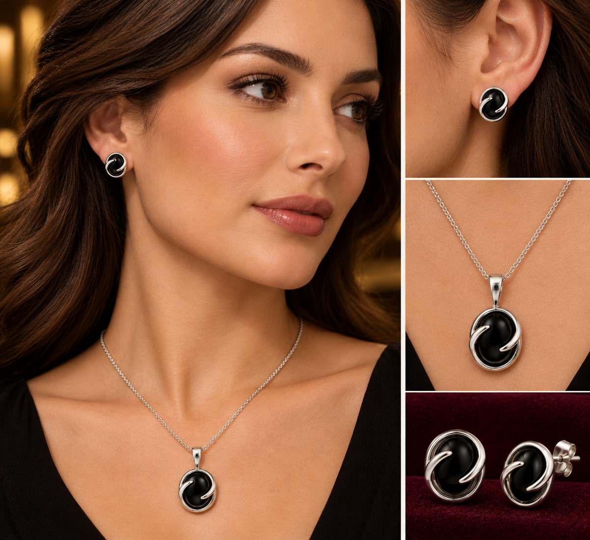Real Onyx Matching Set Solid Sterling Silver Pendant and Earrings 18" Chain