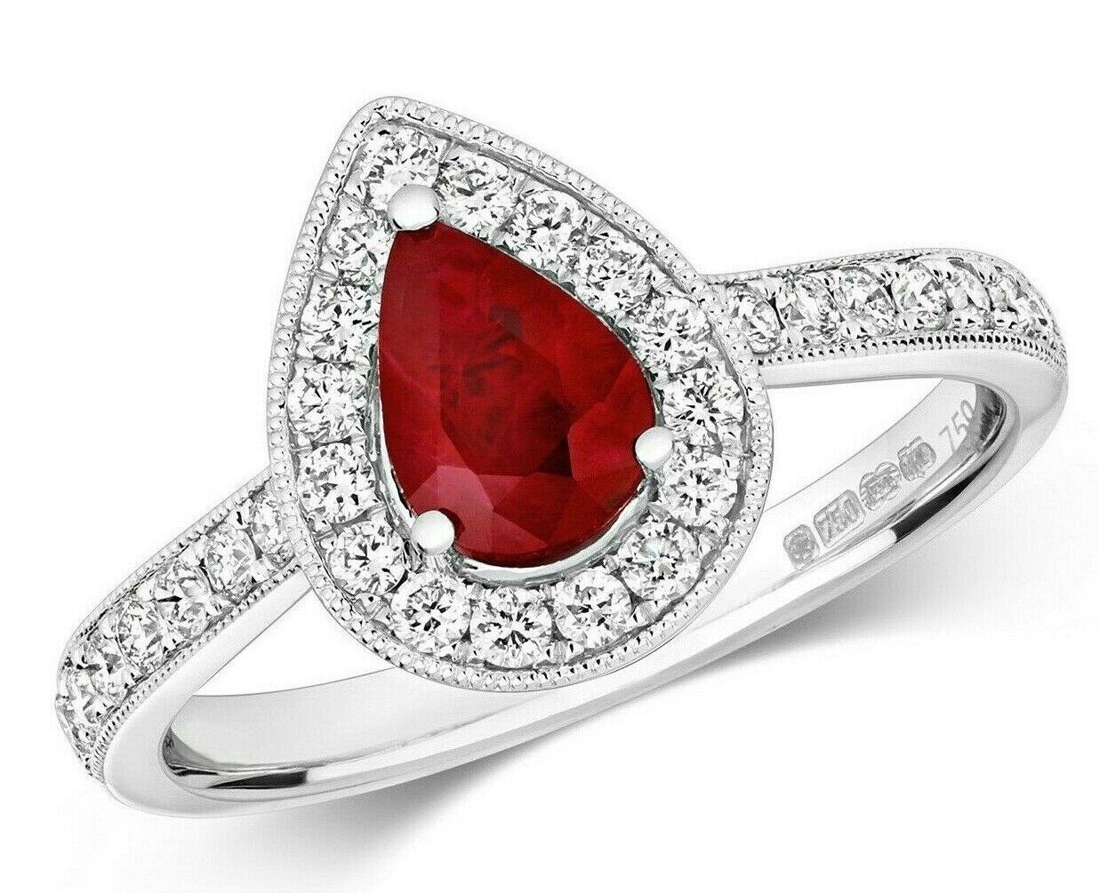 Real Ruby and Diamond Ring 18ct White Gold Pear Cluster Teardrop
