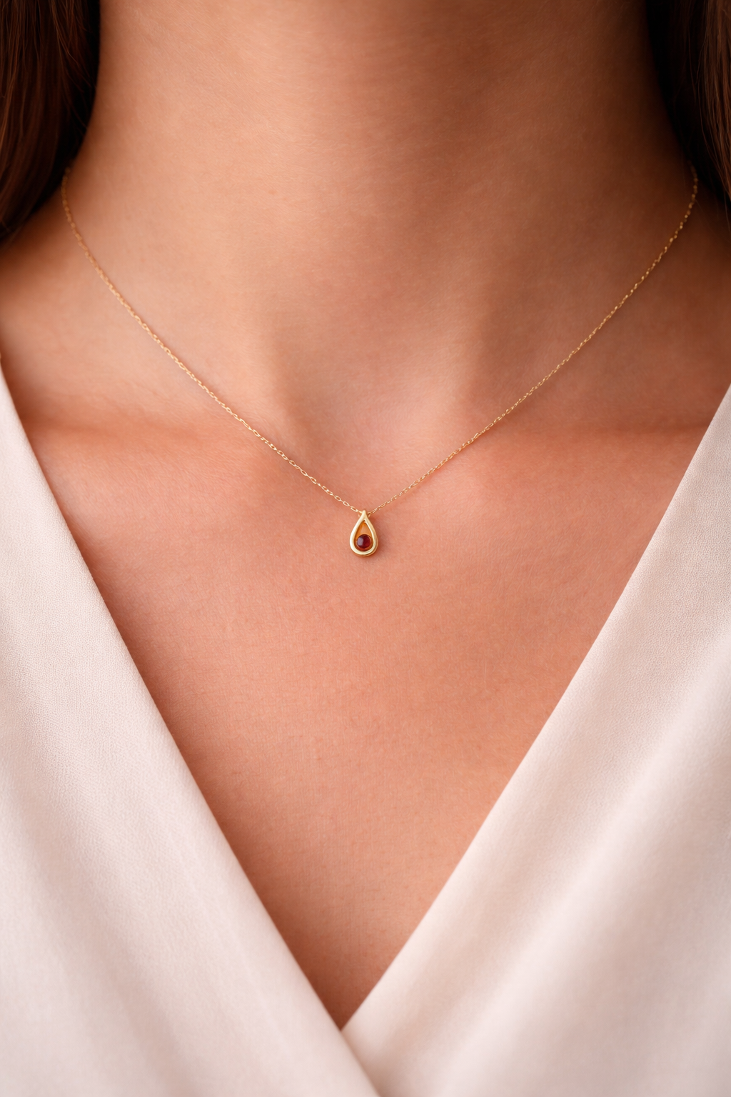 Natural Garnet Teardrop Slider Pendant Solid Yellow Gold 18" 46cm Length Chain