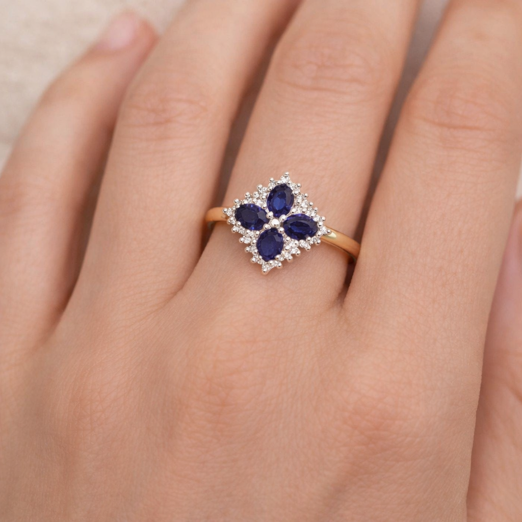 Sapphire and Diamond Ring 9ct Yellow Gold Square Cluster Size JKLMNOPQ