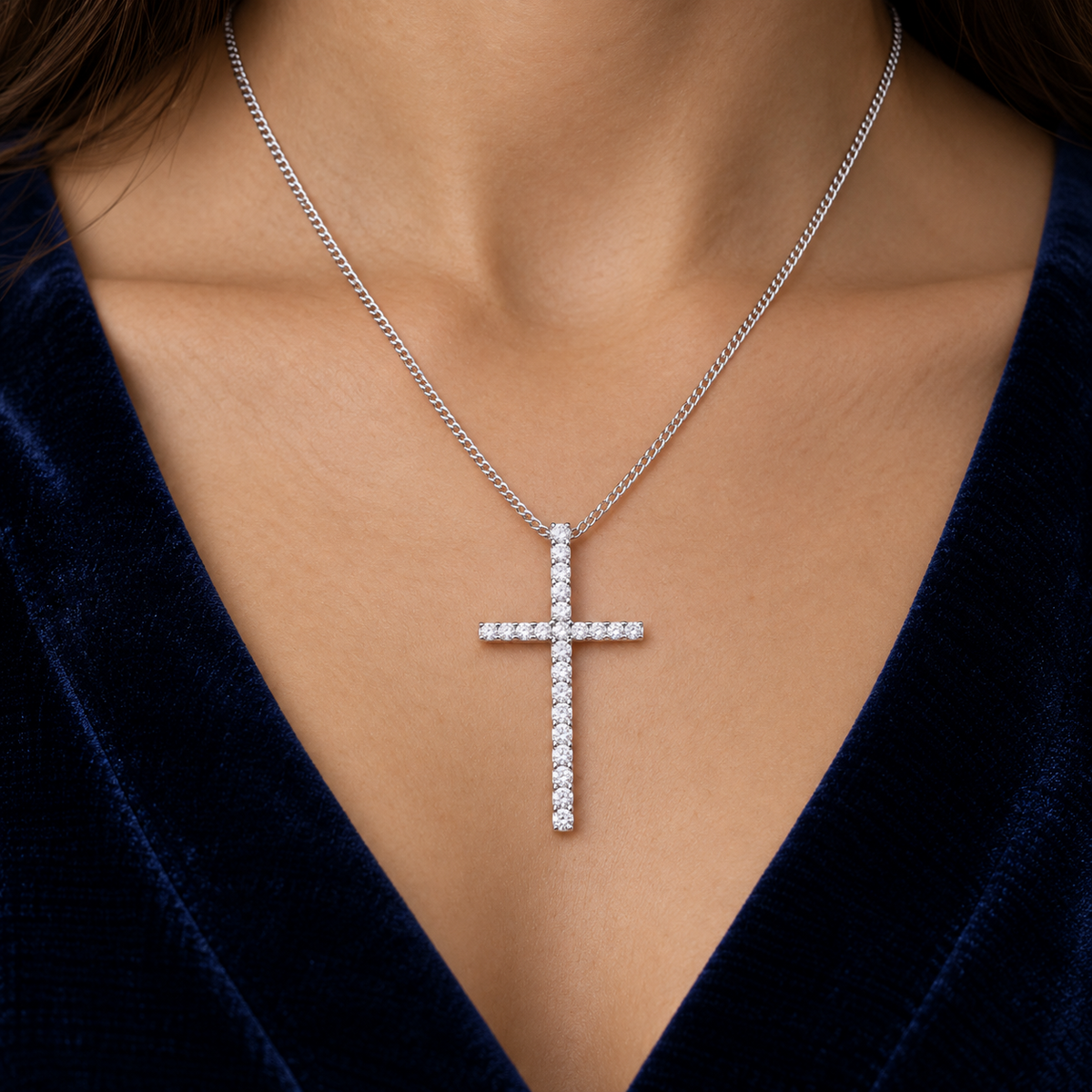 Real Diamond Cross Pendant Necklace 18ct White Gold 18" Chain 0.35ctw Diamonds