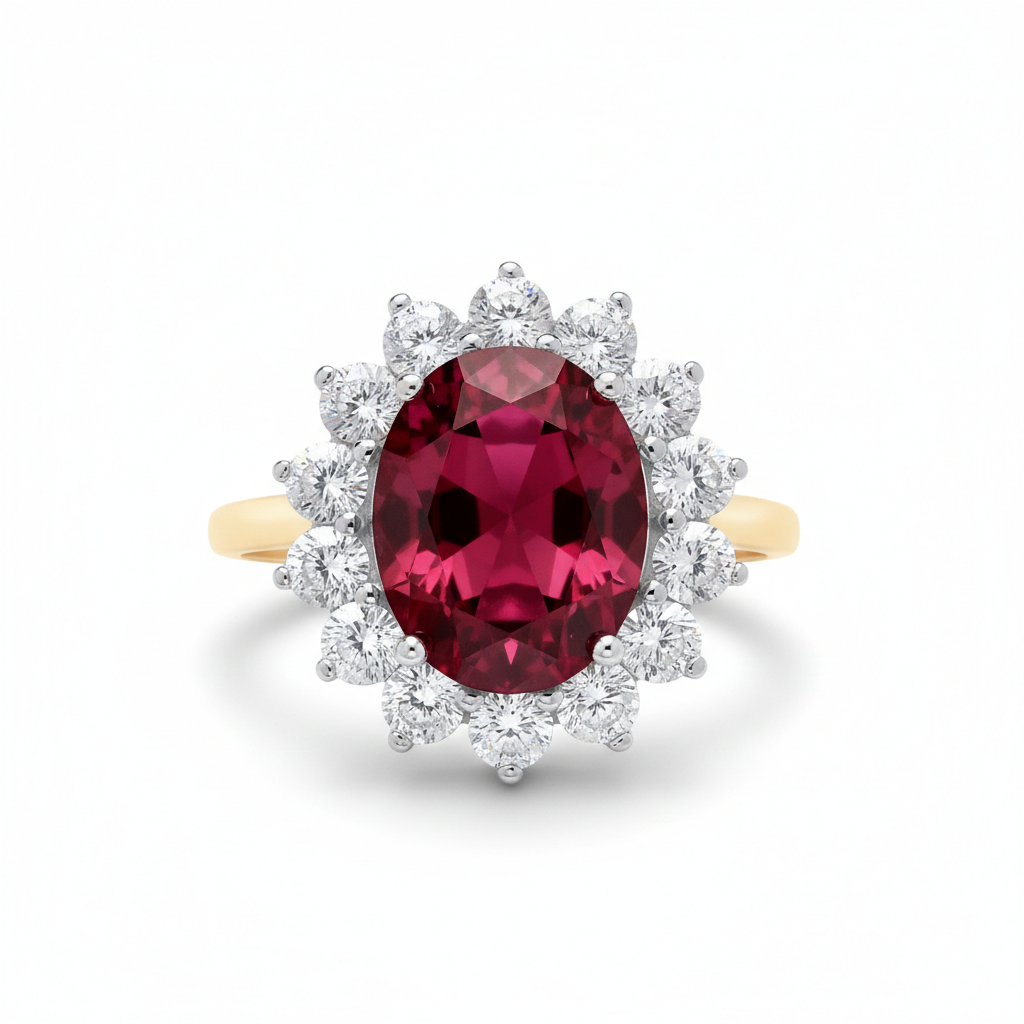 18ct Gold Large Ruby Ring Cluster on Sterling Silver 925 Hallmark Size K-S