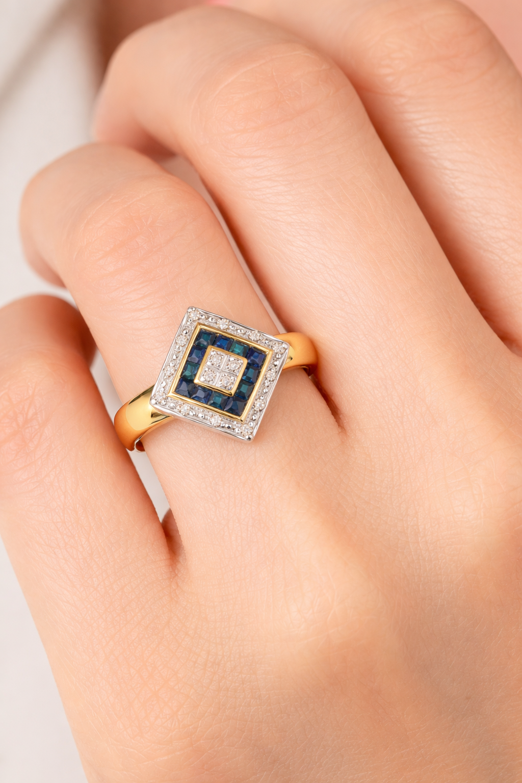 Sapphire and Diamond Ring Solid Yellow Gold Square Cluster Size JKLMNOPQ